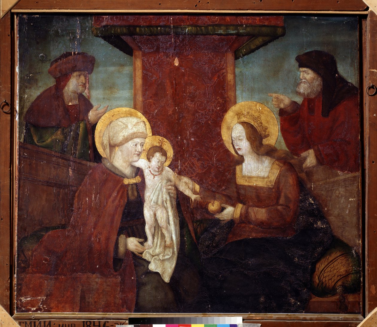 Den heliga familjen (helig släktskap). Målning av en tysk mästare (1500-talet). Olja på trä, 95 x 113 cm, ca 1520. Tysk skola, renässans. Pushkin Museum of Fine Arts, Moskva. av German School