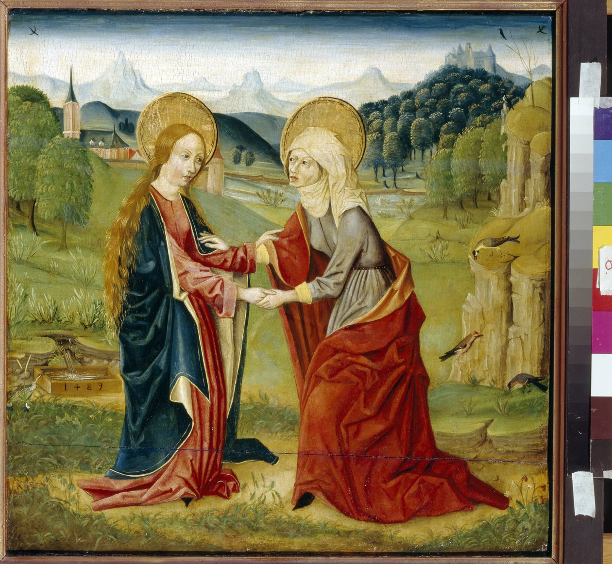 Besöket. (Jungfru Maria besöker sin kusin Sankta Elisabeth, gravid med Johannes Döparen). Målning av en mästare från Haut Rhin (aktivt 1400-tal), olja på trä av German School
