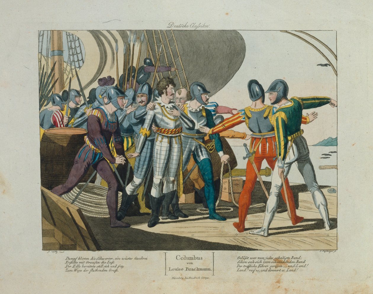 Land, land! Christopher Columbus ankomst till Amerika, publicerad av Friedrich Campe, Nürnberg, c.1820 av German School
