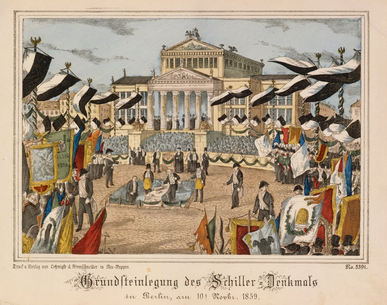 Nedläggning av grundstenen till Schillermonumentet vid Gendarmenmarkt, Berlin, 10 november 1859, med Schauspielhaus i bakgrunden, från Neuruppiner Bilderbogen, utgiven av Oehmigle & Ri av German School