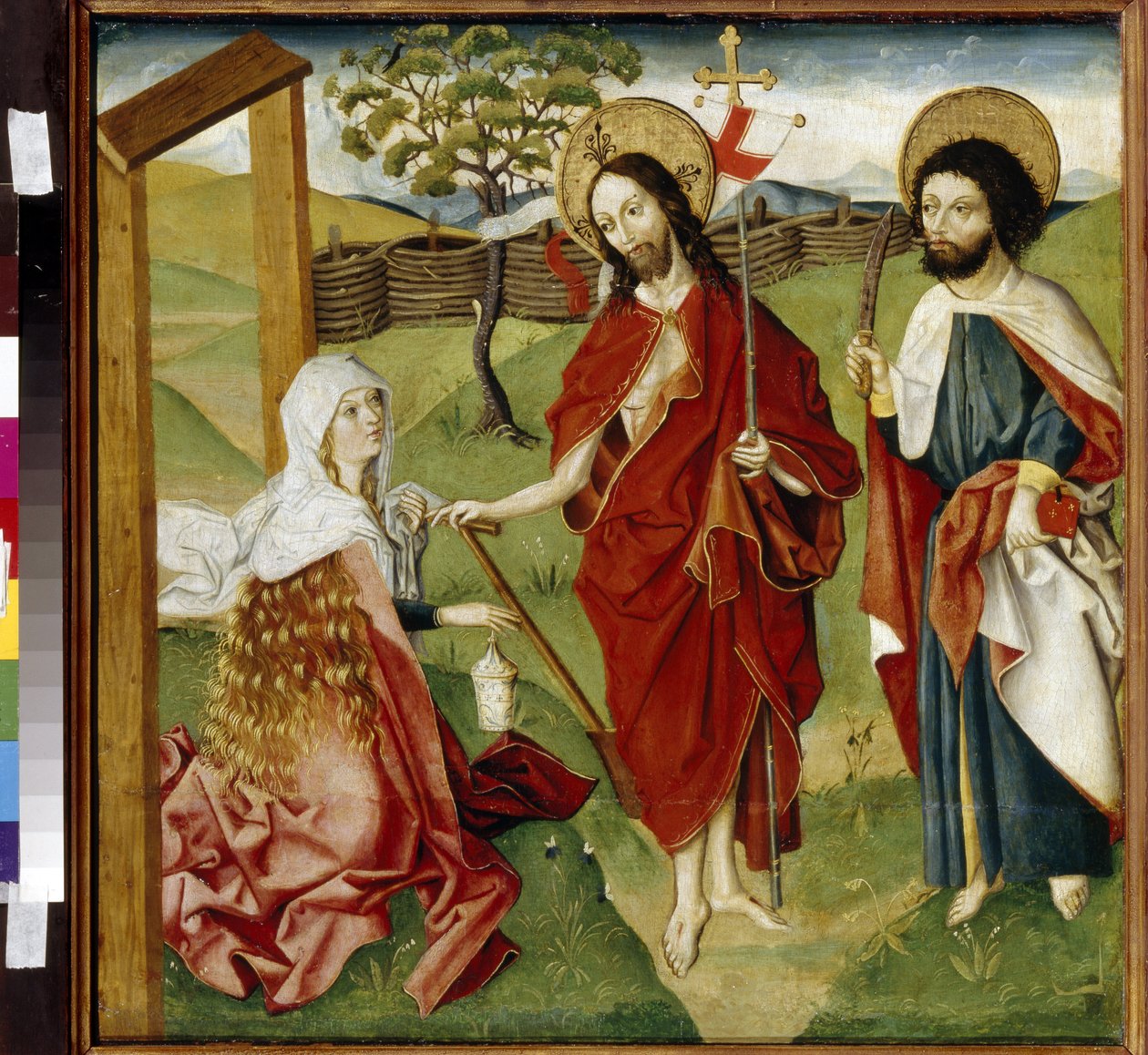 Kristus, Maria Magdalena och Saint Barthelemy (eller Nathanael, apostel) (Kristus, Maria Magdalena och Saint Bartholomew). Kan vara en representation av ""Noli me tangere"": visionen av den uppståndne Kristus vid Sankta Maria Magdalena. Jesus Kristus hålle av German School