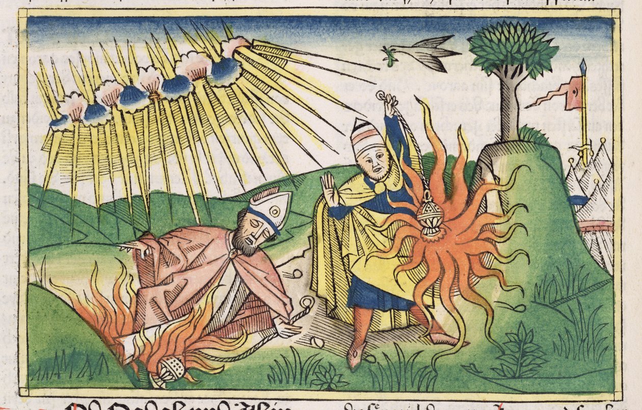 Tredje Mosebok 10 1-2 Nadab och Abihu offrar ohelig eld och dör, från Nürnbergbibeln (Biblia Sacra Germanaica) (färgat träsnitt) av German School