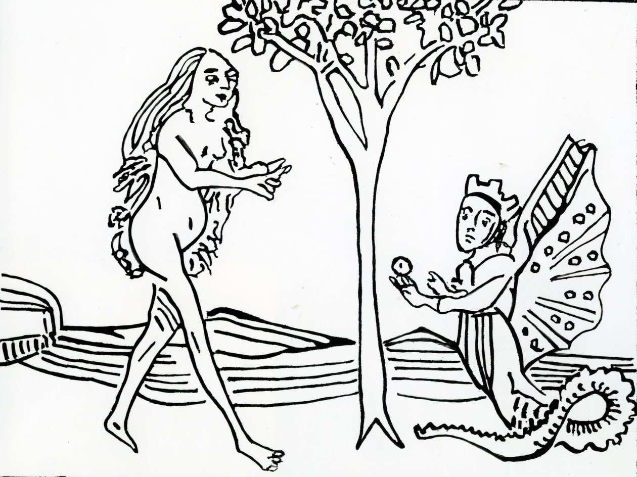 Lilith, bevingad och krönt, med ormsvans, erbjuder äpplet till Eva, från 