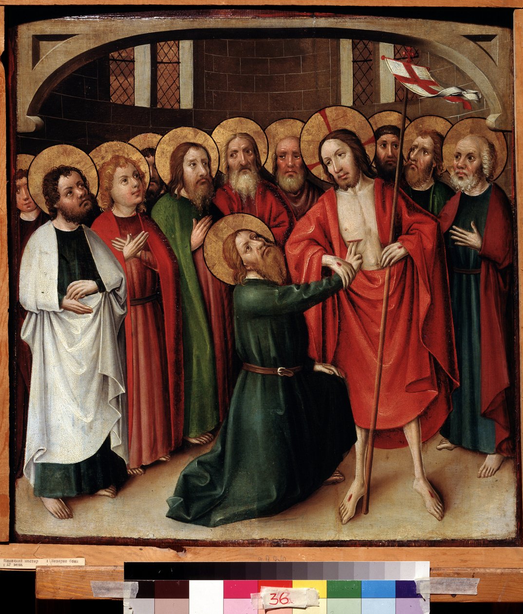 Sankt Thomass misstro. Jesus Kristus håller en vit flagga (standard) slagen med ett rött kors och hans gloria är markerad med ett kors. Målning av en schwabisk mästare (verksam omkring 1500). Olja på trä, 64 x 62 cm, v av German School
