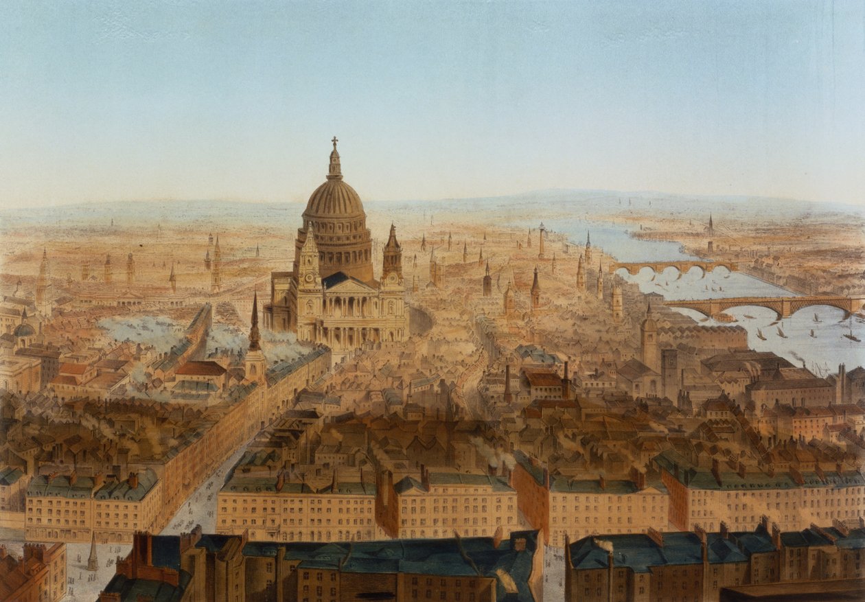 London: en fågelperspektiv över St. Pauls och Themsen, pub. av Carl Martin av German School