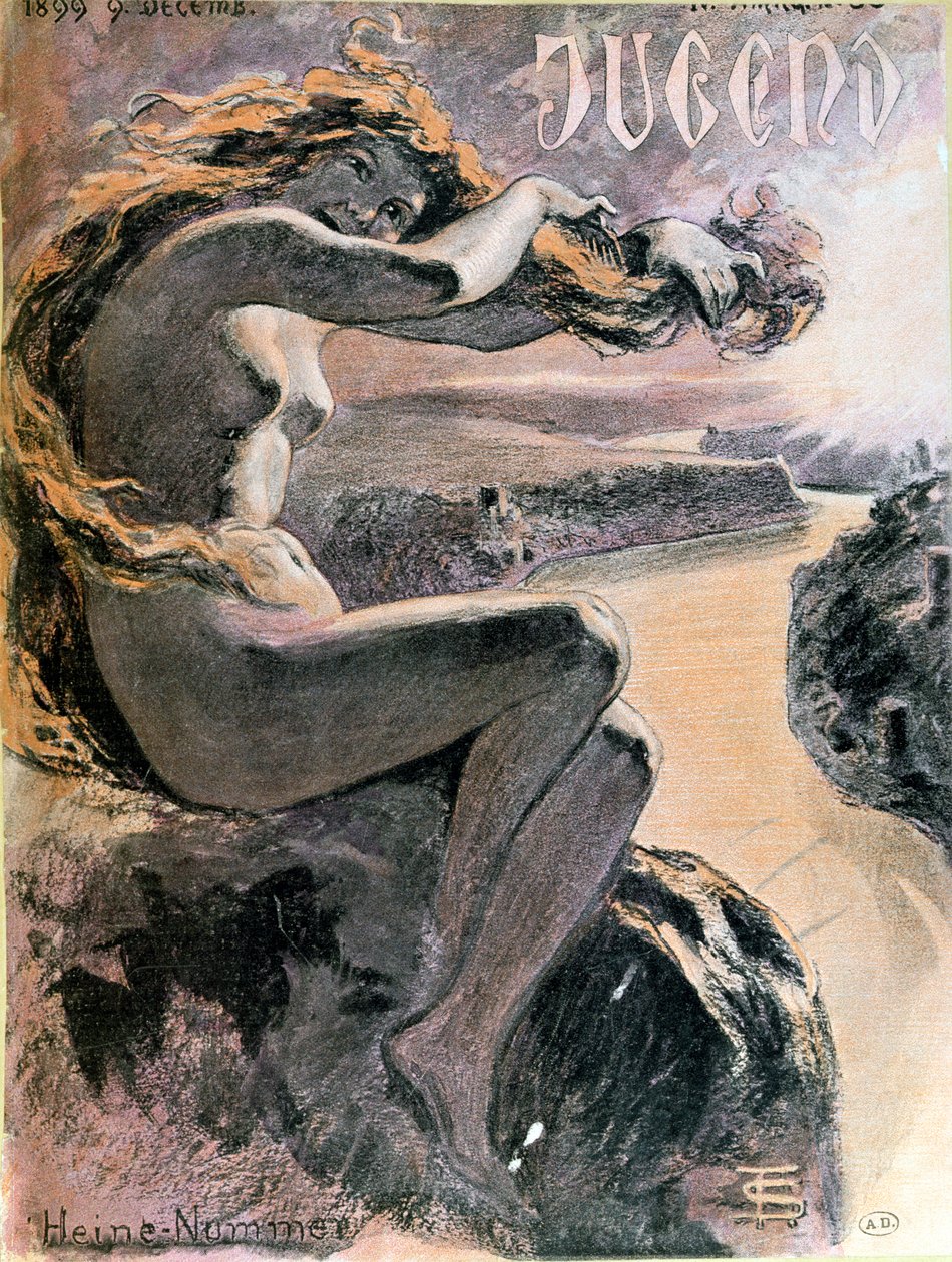 Lorelei och floden Rhen, omslaget till tidskriften Jugend specialnummer tillägnad poeten Heinrich Heine (1797-1856), 9 december 1899 av German School