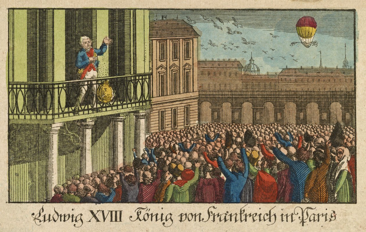 Louis XVIII kung av Frankrike i Paris, pub. 1814 (handfärgad gravyr) av German School