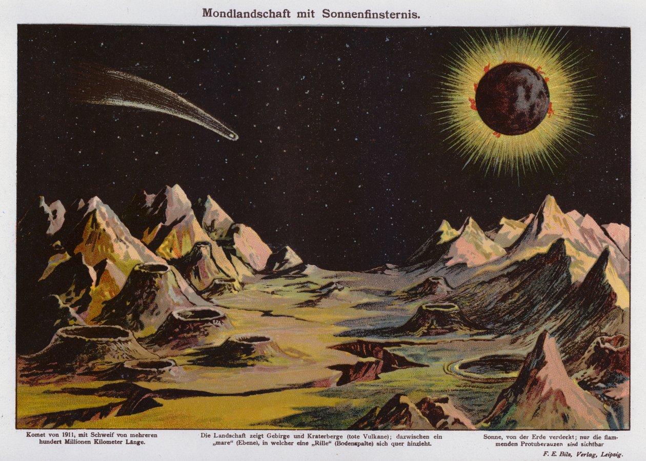 Månlandskap, solförmörkelse och kometen 1911 (färglitografi) av German School
