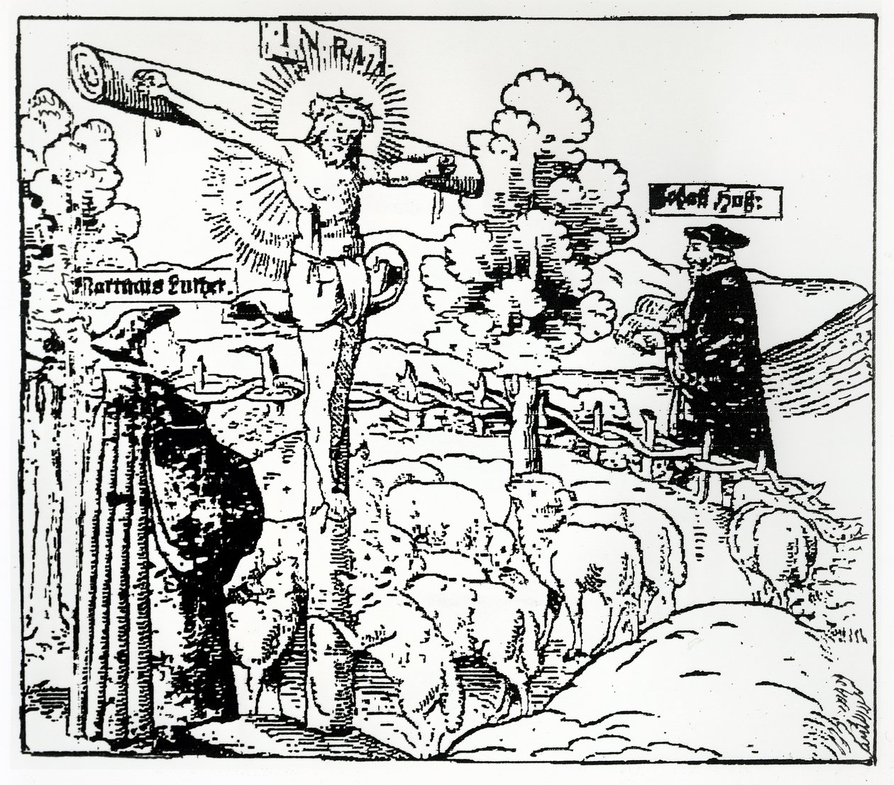 Luther (1483-1546) och Hus (1369-1415) med Kristus i fårhuset, ca 1520-21 av German School