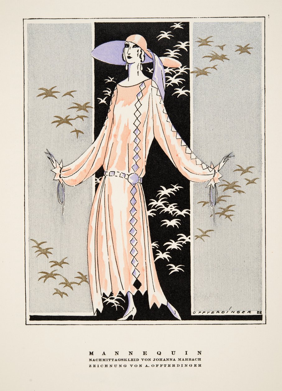 "Mannequin", reklam för Klänning av Johanna Marbach, ur Styl, utg.1922 (pochoirtryck) av German School