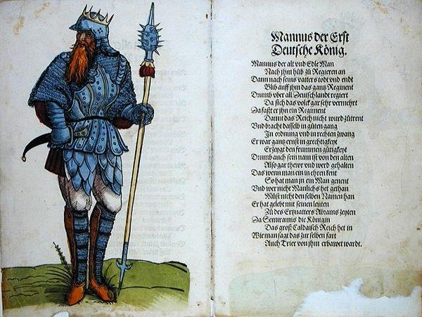 Mannus, den första tyska kungen, från "Ursprunget till de första tolv gamla kungarna och prinsarna av den tyska nationen" av German School