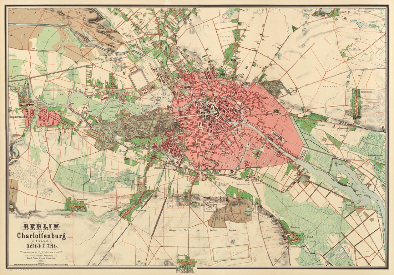 Karta över Berlin, tryckt av Koenigl. Lithogr. Institut, Berlin, 1857 av German School