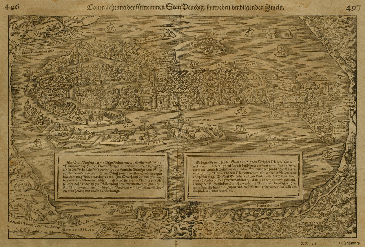 Karta över Venedig, av Sebastian Munster (1488-1552) publicerad i Basel, ca 1560 av German School