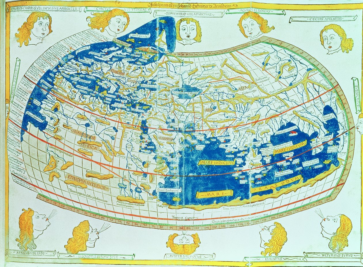 Karta över världen, baserad på beskrivningar och koordinater givna i "Geographia", av Ptolemaios (Claudius Ptolemaeus av Alexandria) (c.90-168 AD), publicerad i Ulm, Tyskland av German School
