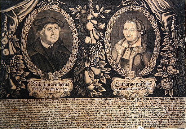 Martin Luther och hans fru Katharina von Bora (gravyr) av German School