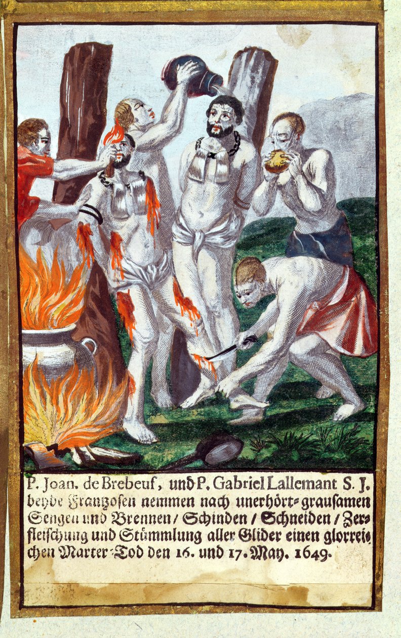 Martyrskap av Jean de Brebeuf och Gabriel Lalemant av Iroquois, i Nouvelle-France 1649, från Jesuits Martyrology, 1688 av German School