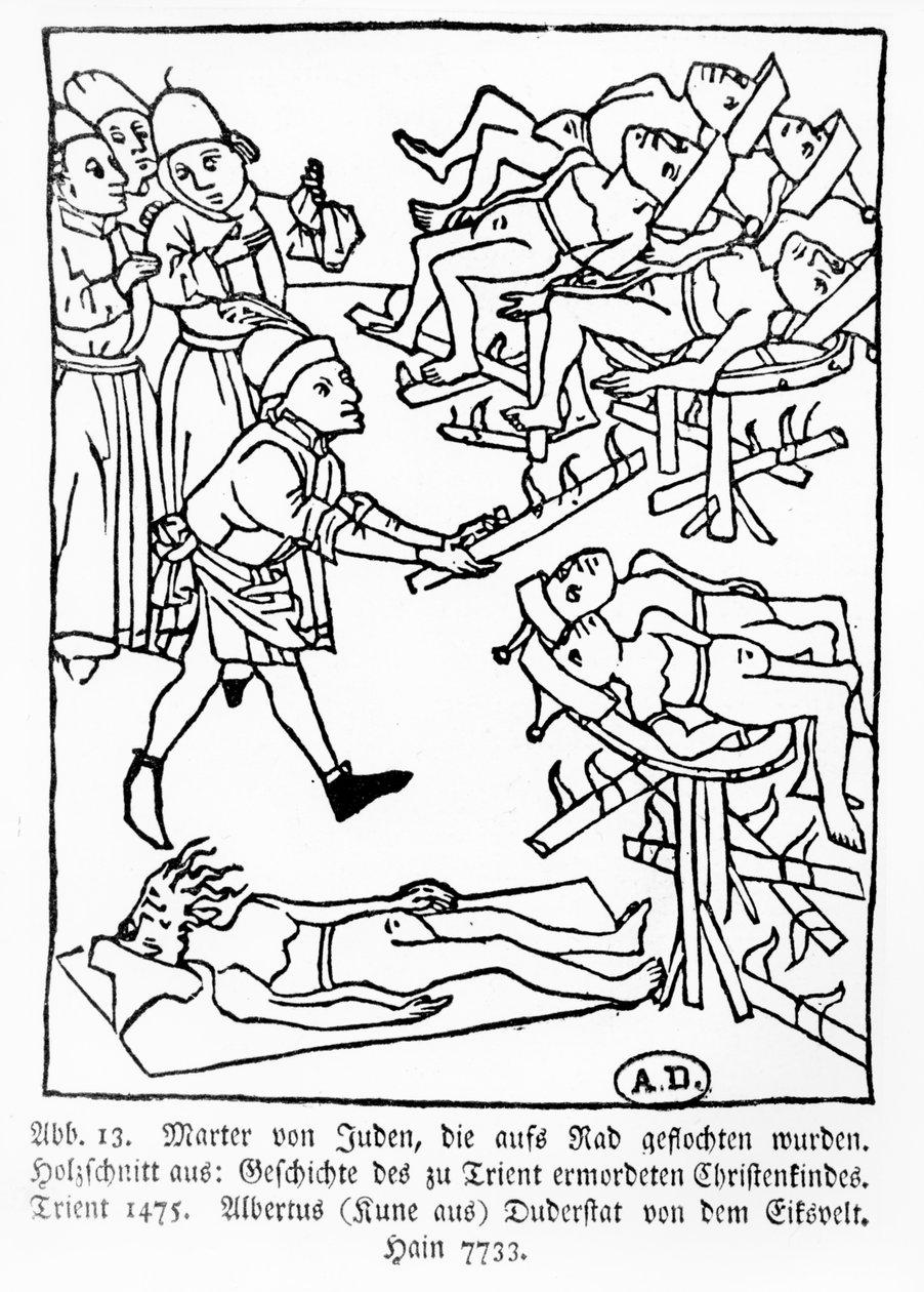 Martyrskap för judar på ratten, från History of the Christian child mörded at Trent, publicerad i Trent av Albertus Kune, 1475 av German School