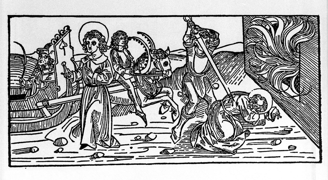 Martyrium av Saint Polycarp av Smyrna (ca 69-155), eveque. Gravyr från "Leben der Heiligen - Sommerteil (helgonets bok)" av Jacobus (James) av Voragine (1228-1298) av German School