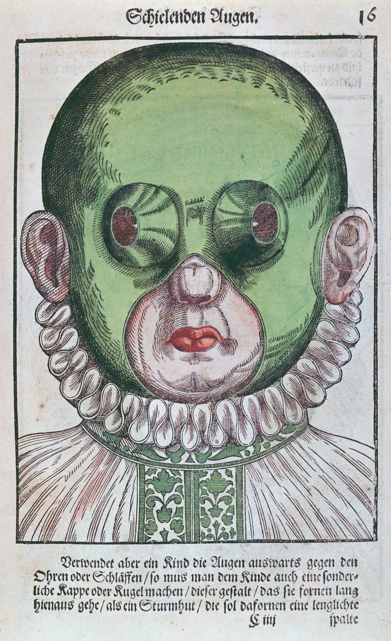 Mask för att behandla skelning, från Ophthalmodouleia av Georg Bartisch (1535-1636) publicerad i Dresden 1583 (träblock i färg) av German School