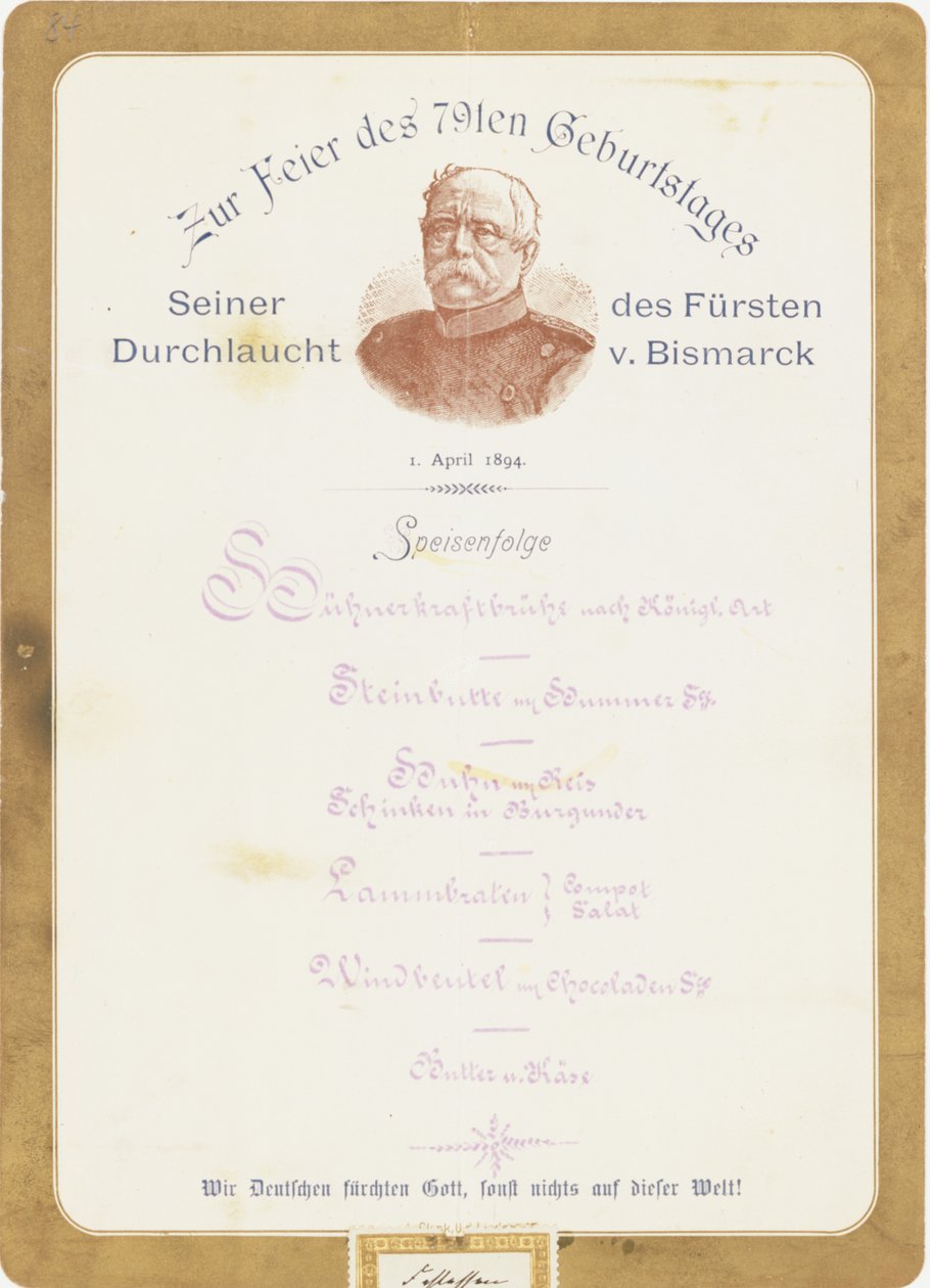 Meny vid prins von Bismarcks 79-årsfirande den 1 april 1894 av German School