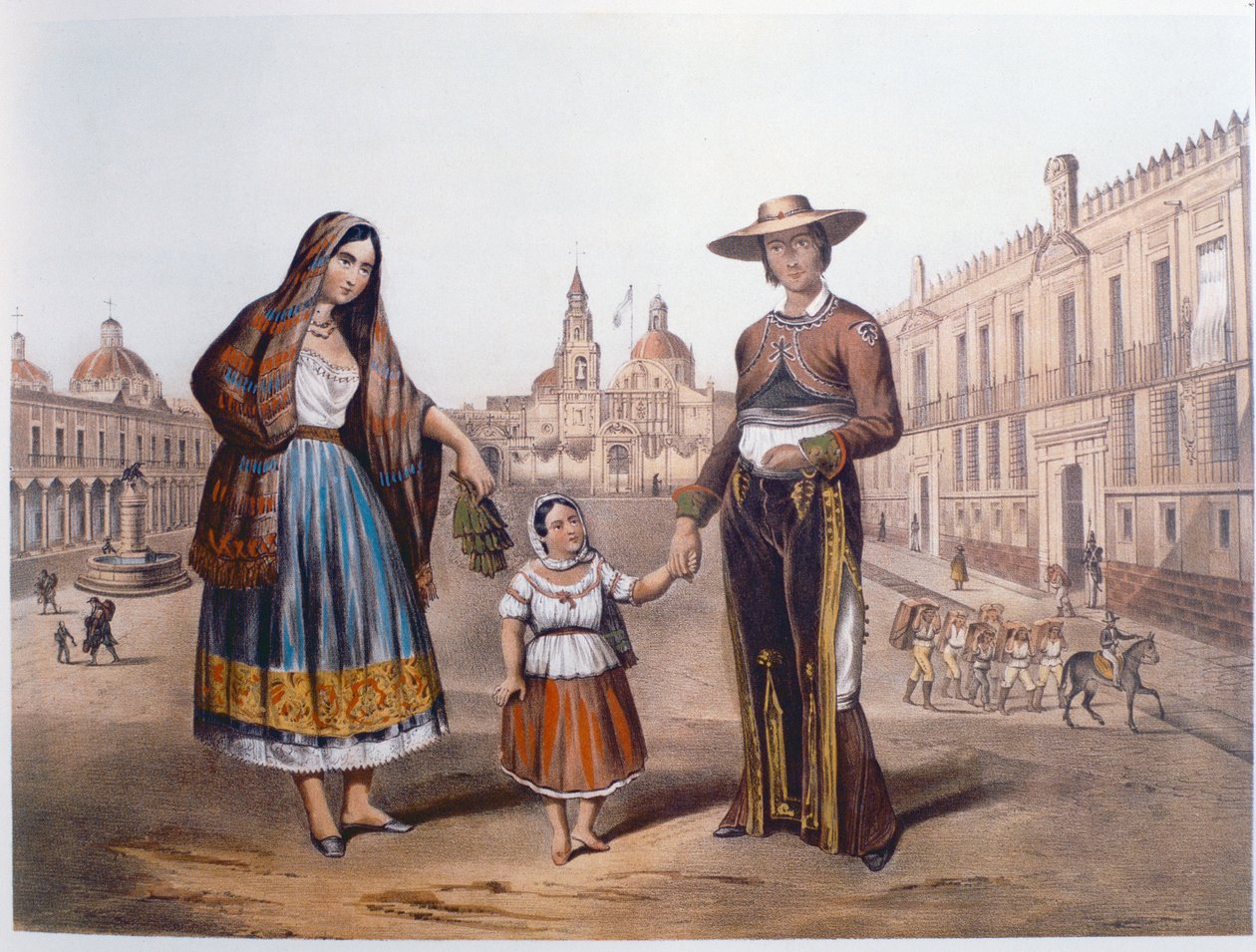 Mexikansk familj på Plaza Santo Domingo, Mexico City, ca 1840 av German School
