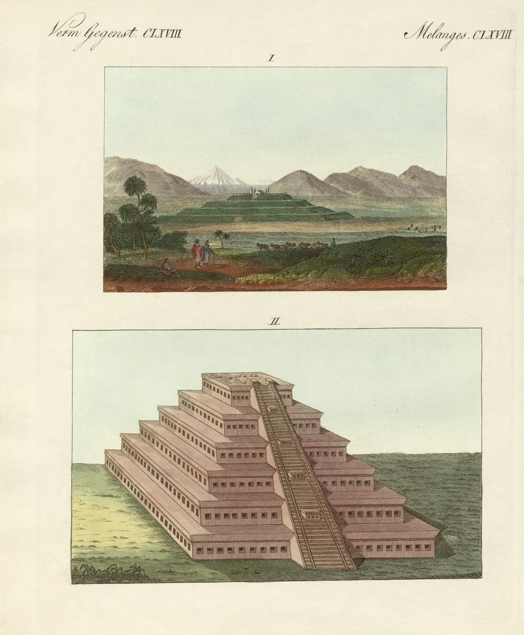 Mexikanska pyramider (färgad gravyr) av German School