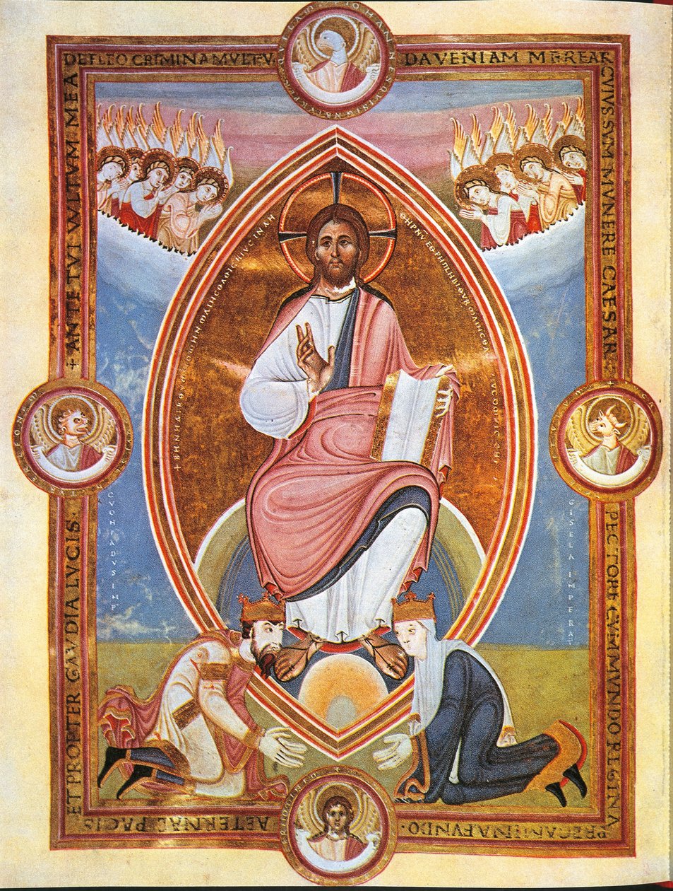 Miniatyr som visar välsignelsen Kristus i en mandelformad aureola med kejsar Conrad II och kejsarinnan Gisela vid hans fötter (vellum) av German School