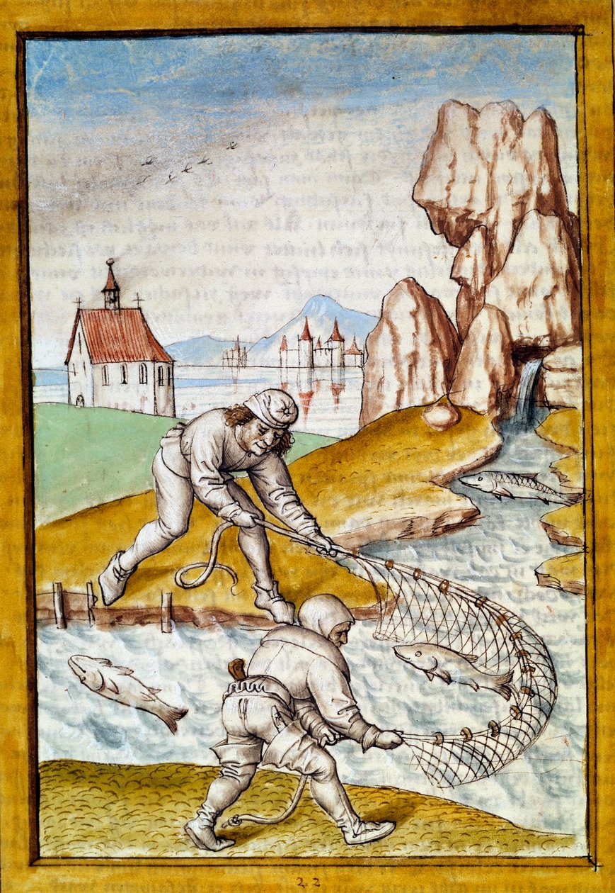Miniatyrnätfiske från en tysk översättning av fablerna om "Kalila (Calila) och Dimna" av Bidpai. Chantilly från 1400-talet, Musee Conde av German School