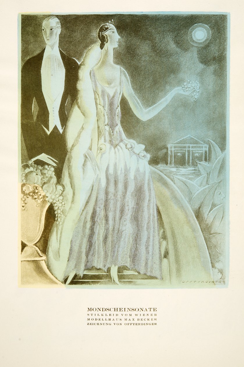 Mondscheinsonate, klänning stylad av Wiener, från Styl, utg.1922 (pochoirtryck) av German School