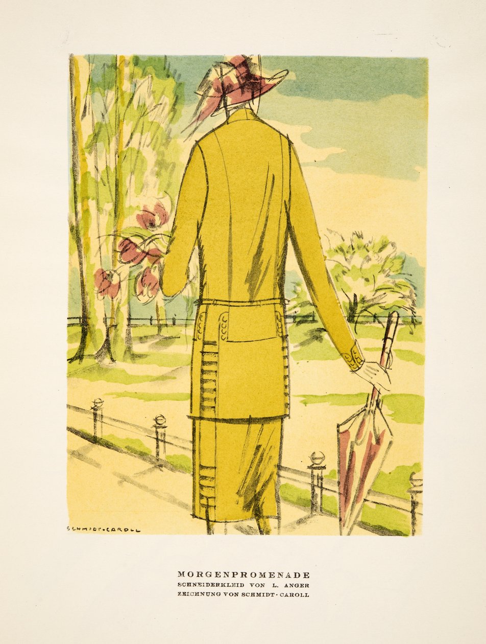 "Morgenpromenade", reklam för kläder av L. Anger, ur Styl, utg.1922 (pochoirtryck) av German School