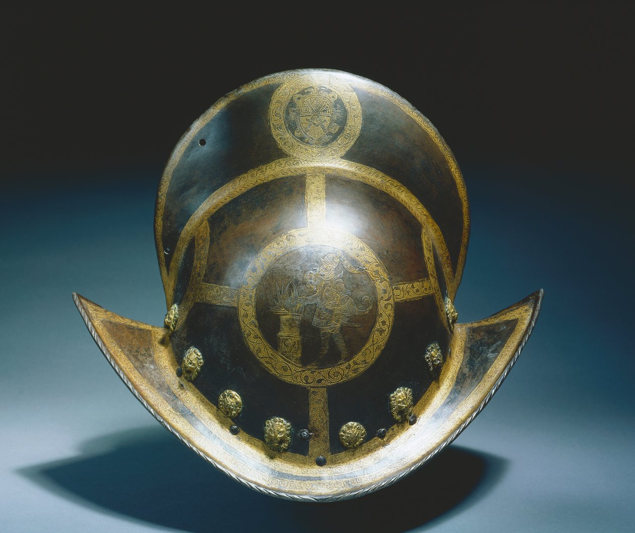 Morion av kurfursten Christian I:s statsgarde av Sachsen, Nürnberg, ca 1580-91 (etsat och förgyllt rostfritt stål) av German School