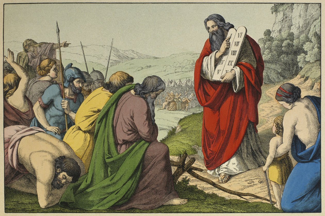 Moses och lagens tavlor, illustration från LAncien Testamentet, utgiven av Jakob Ferdinand Schreiber, Esslingen (färgstick) av German School