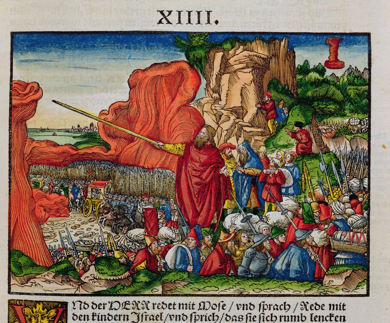 Moses korsar Röda havet, från Lutherbibeln, ca 1530 (färgat träsnitt) av German School