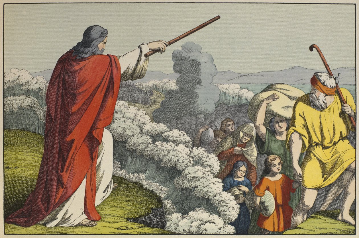 Moses delar Röda havets vatten, illustration från LAncien Testamentet, utgiven av Jakob Ferdinand Schreiber, Esslingen (färgstick) av German School