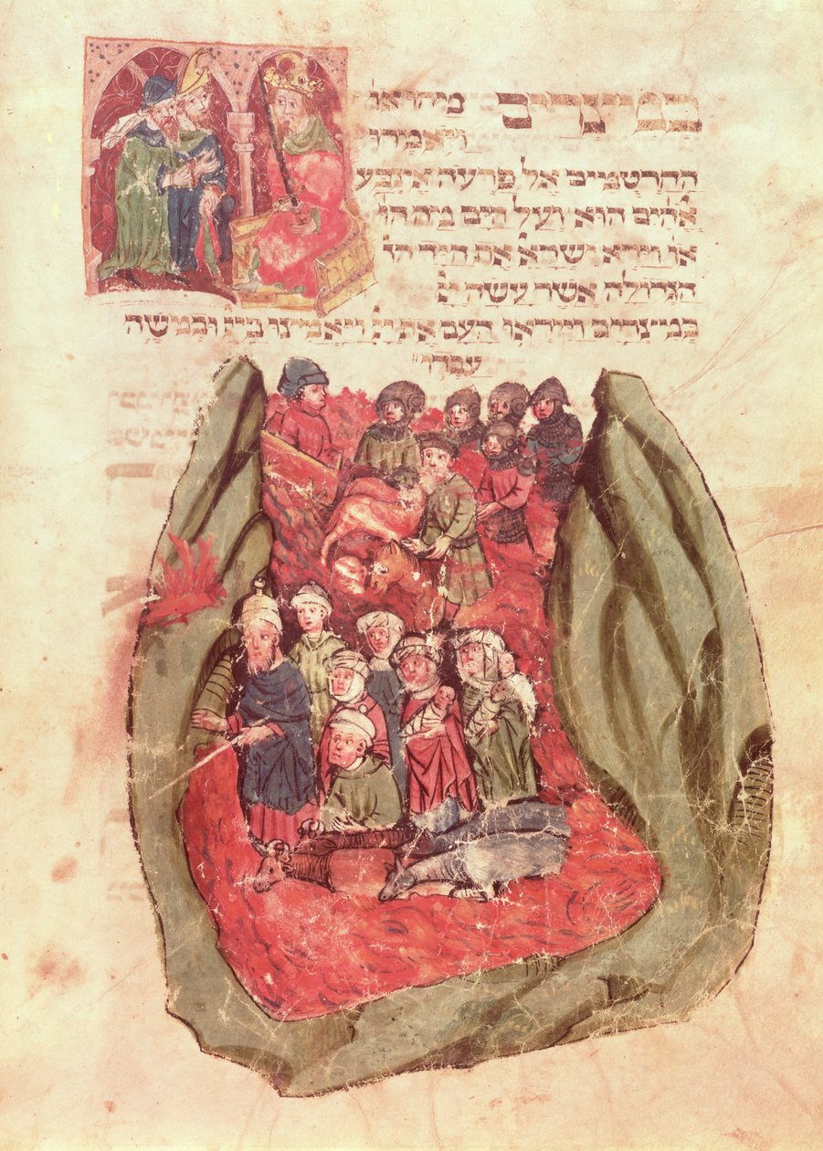 Moses leder Israels barn över Röda havet från en judisk bönbok, Hamburg, 1427 (manuskript) av German School