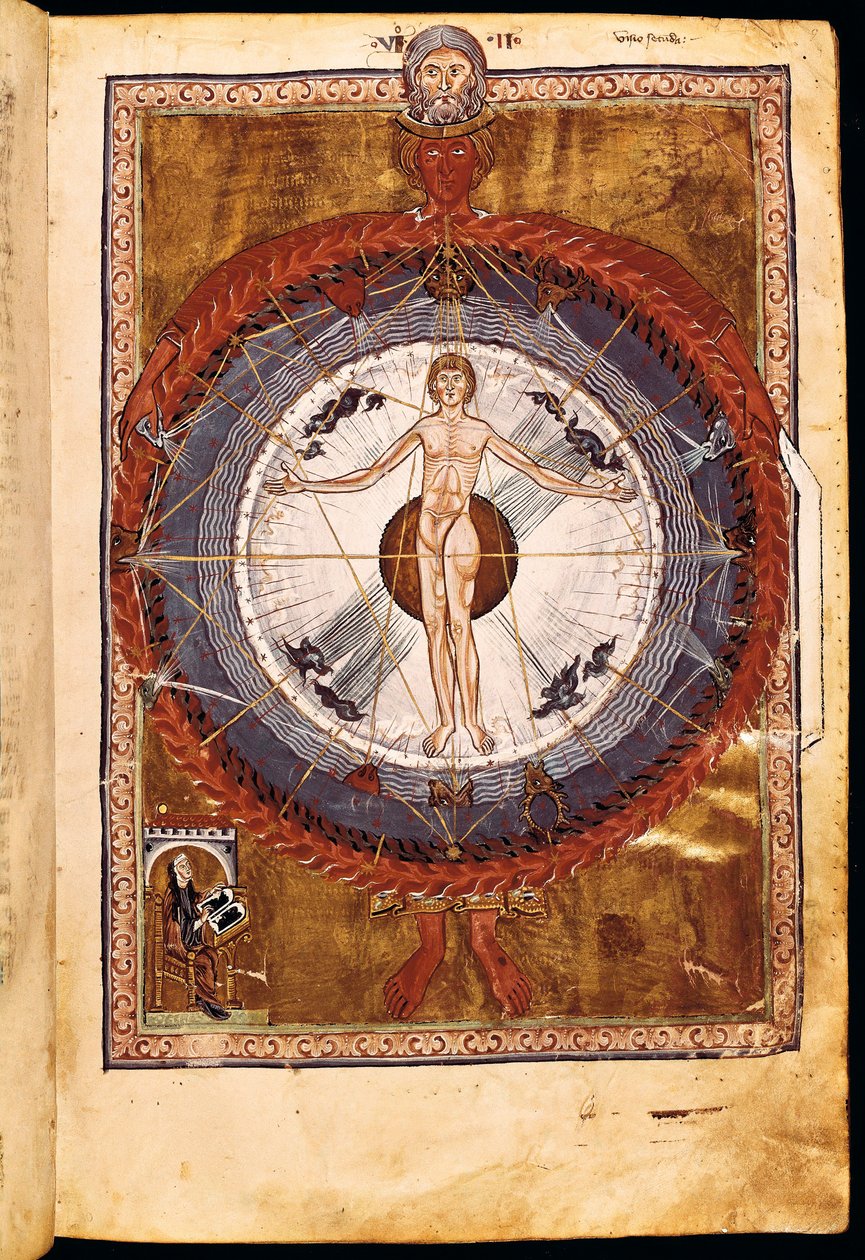 Ms 1942 The Cosmic Spheres and Human Being, vision av Hildegard av Bingen från "Liber Divinorum Operum", c.1220-30 av German School