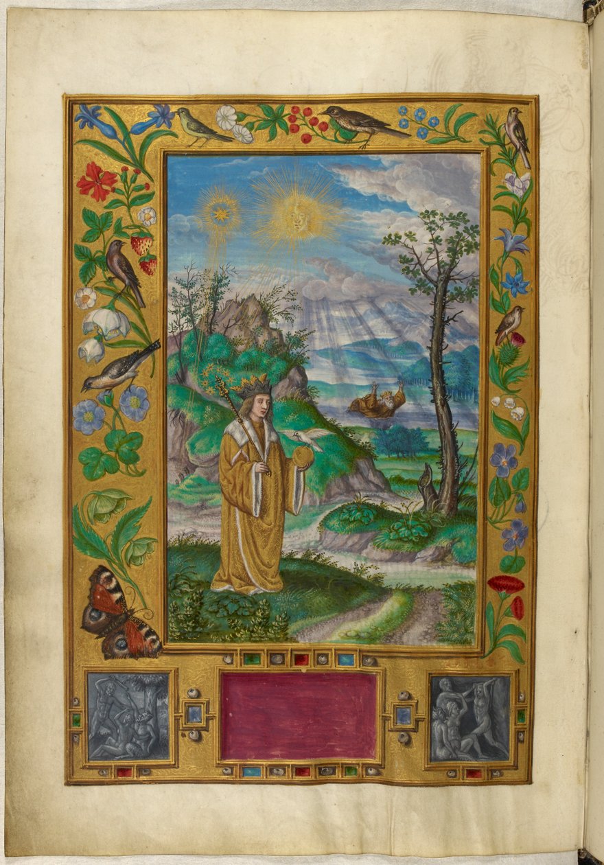 Ms Harley 3469, f.16v Krönad figur med spira och kula, tredje liknelsen, från 