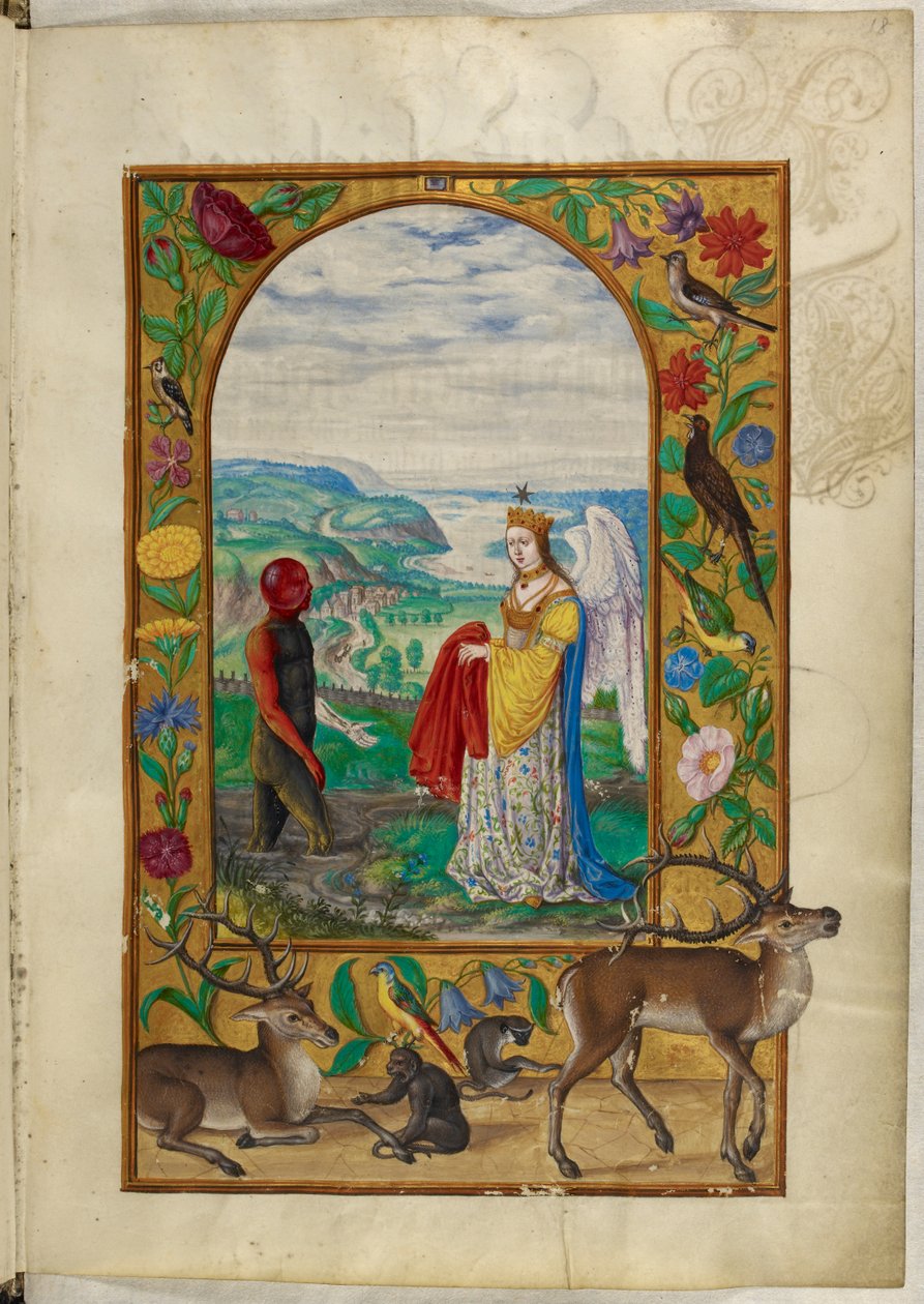 Ms Harley 3469, f.18 Queen erbjuder mantel till mannen i poolen, den fjärde liknelsen, från 