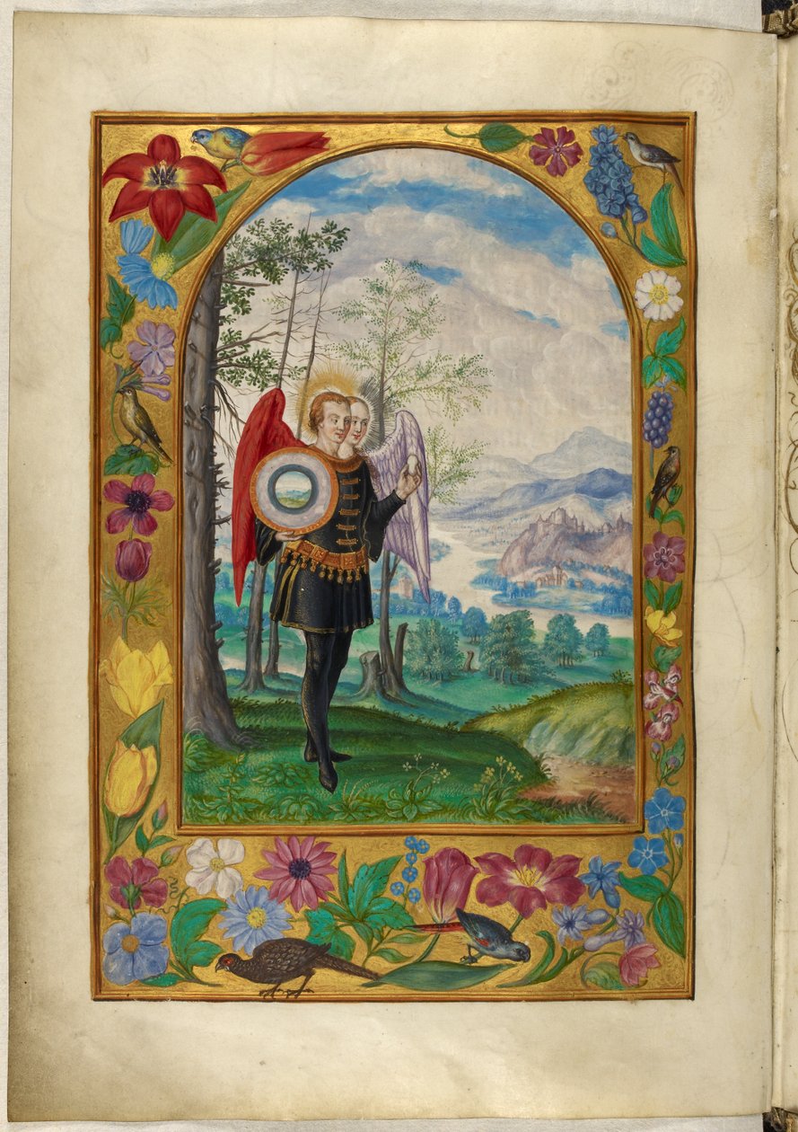 Ms Harley 3469, f.19v Tvåhövdad bevingad figur, den femte liknelsen, från 