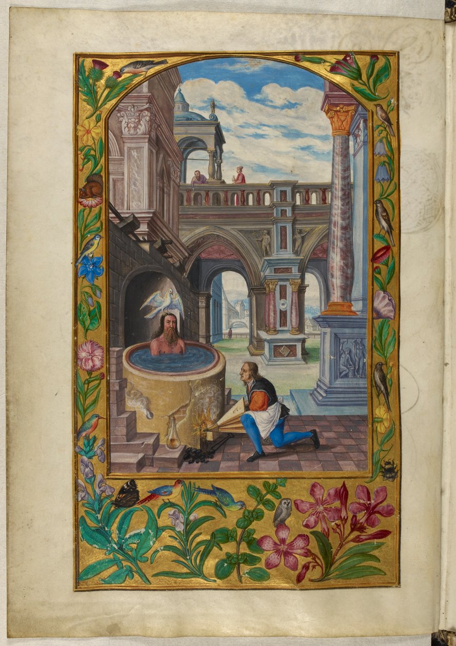 Ms Harley 3469, f.21v Man som badar på en innergård, den sjunde liknelsen, från 