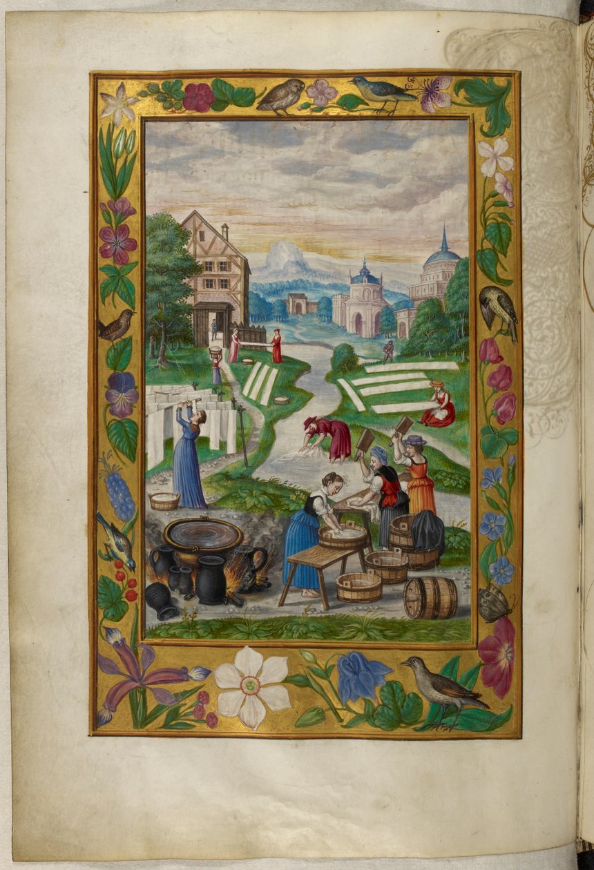 Ms Harley 3469, f.32v Kvinnor som sysslar med tvätt, den femte avhandlingen, från 