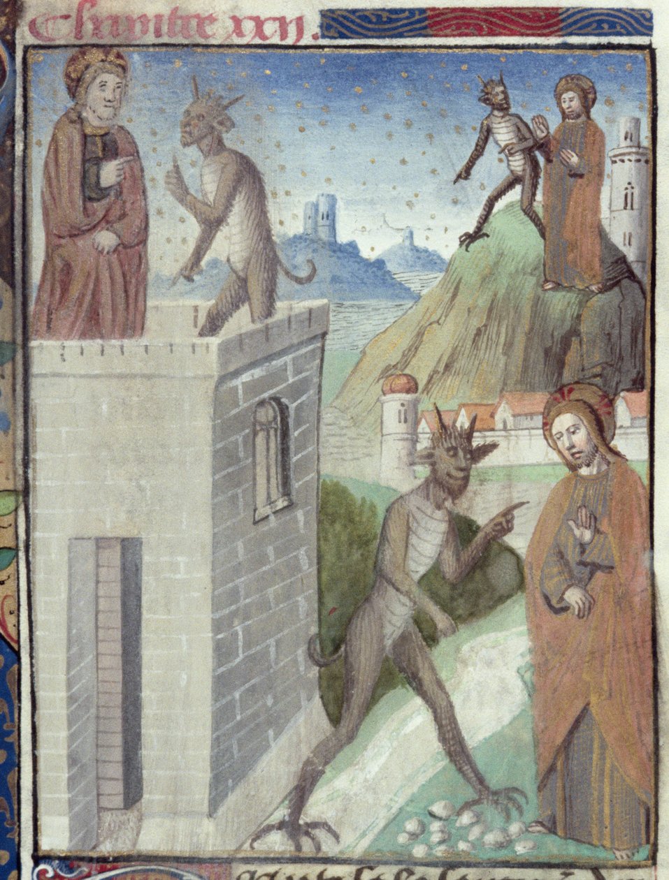 Ms Hunter 36 f.110r The Three Scenes of the Temptation, från Vita Christi, av Ludolf av Sachsen, ca 1300-7778 av German School