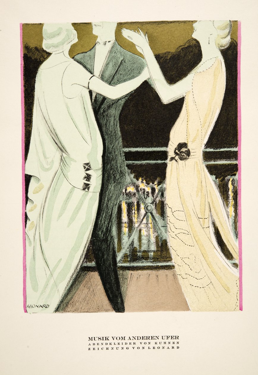 "Musik vom Anderen Ufer", reklam för aftonklänningar från Kuhnen, ur Styl, utg.1922 (pochoirtryck) av German School