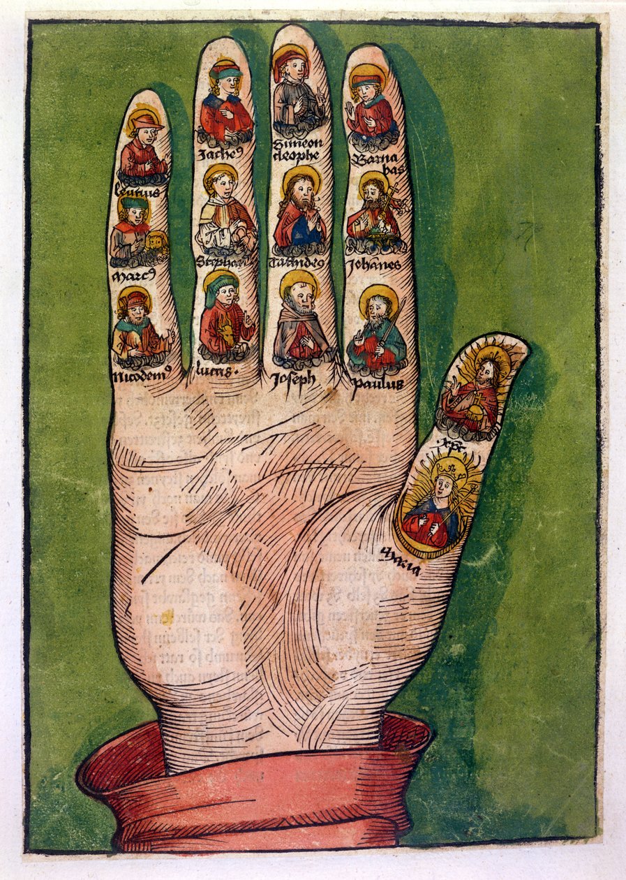 Birgittas mystiska hand föreställande Kristus, Jungfru Maria, apostlar och andra, 1491 (handfärgad gravyr) av German School