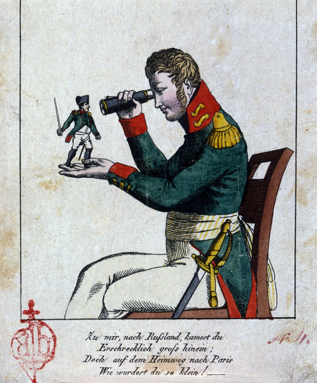 Napoleon I: den ryska kampanjen Hemma, i Ryssland, kom du fruktansvärt stor, men på väg tillbaka till Paris, eftersom du var (blev) liten! (dessutom rimmar det!!!) Puss. Tysk karikatyr av 1800-talet av German School