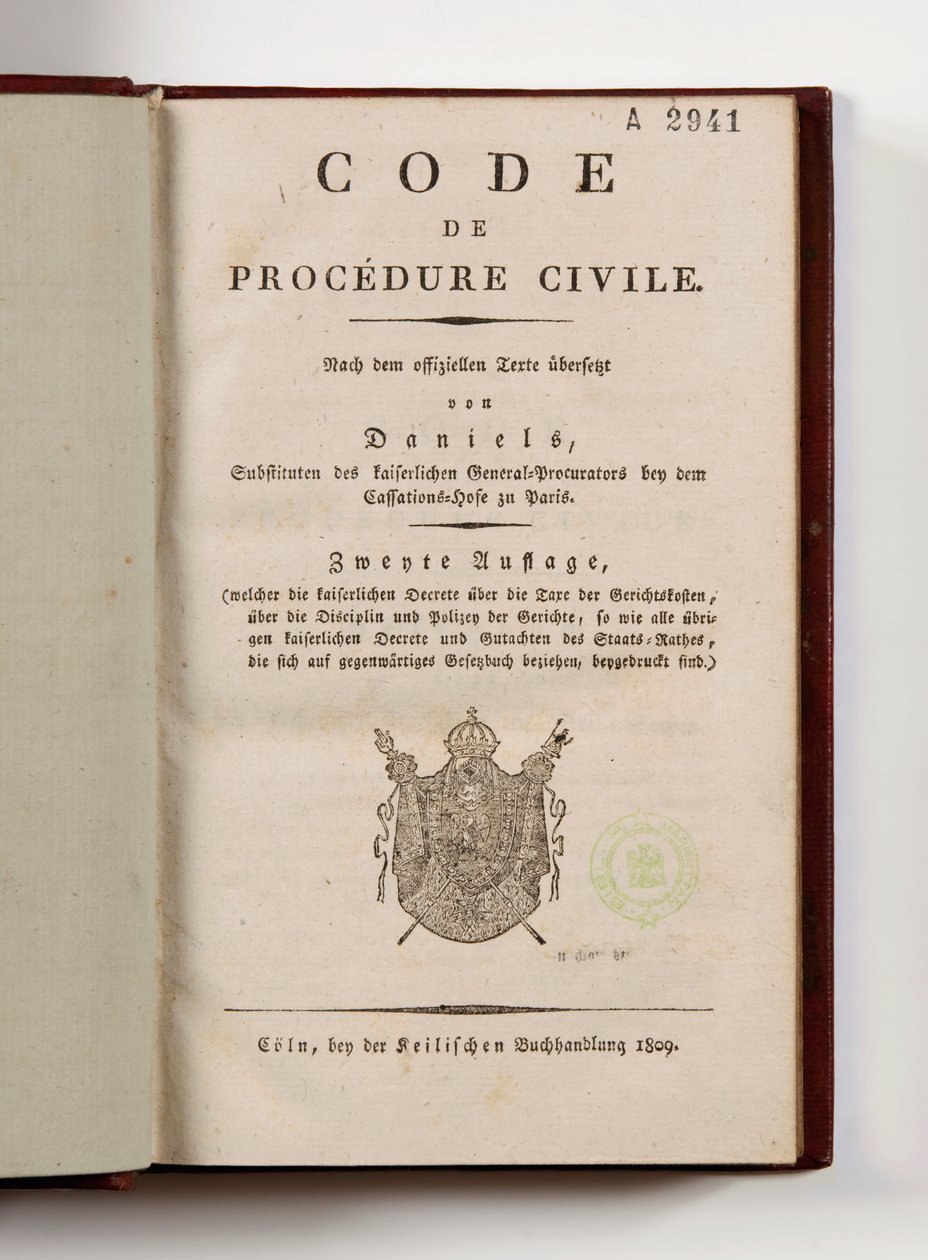 Napoleonska civilprocesslagen för de franska departementen på Rhens vänstra strand, öppen på titelsidan, Köln, 1809 (tryckt papper) av German School