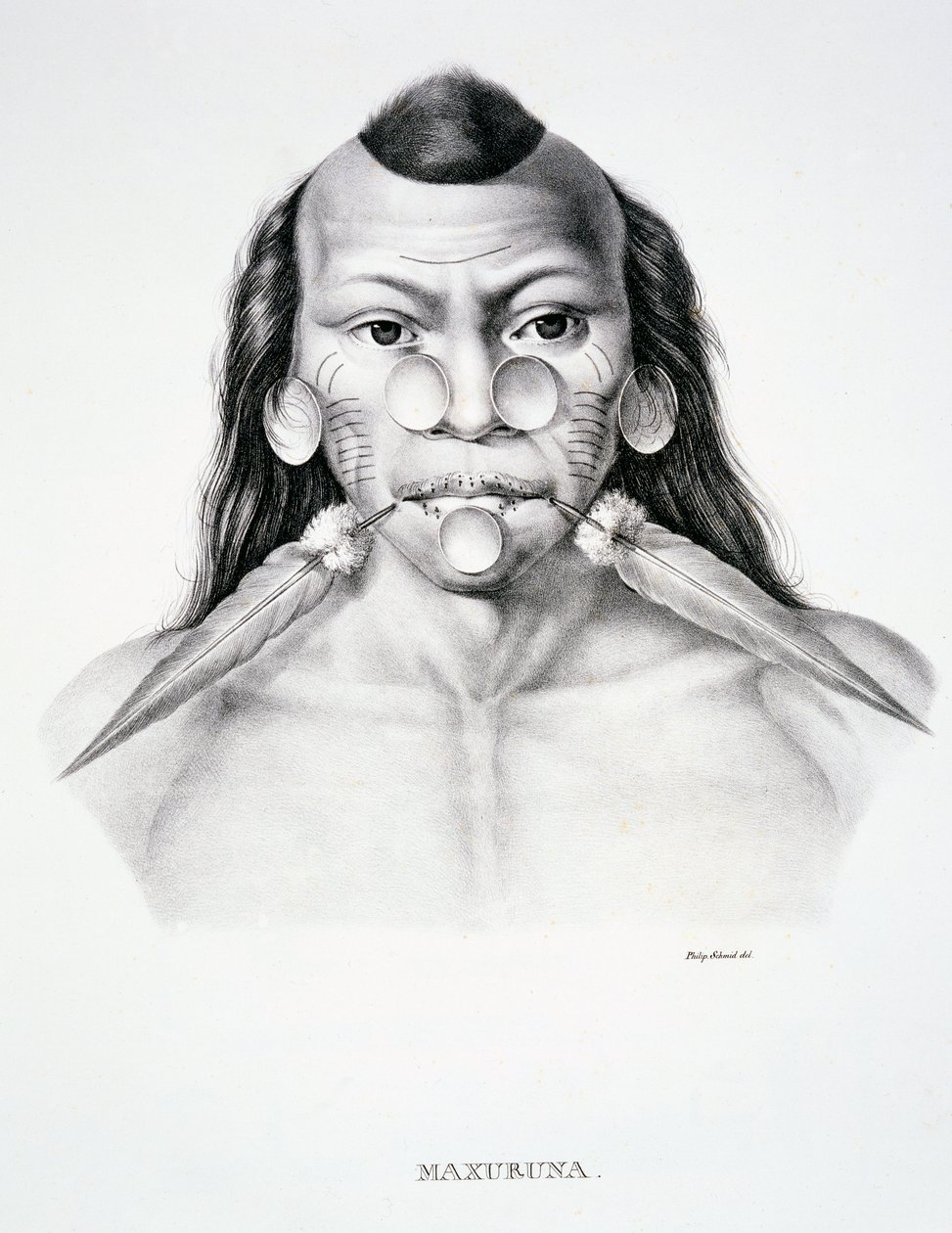 Infödd man av Maxuruna-stammen, med ansiktsdekoration, från Atlas of a Journey in Brazil av Dr von Spix och Dr von Martius av German School