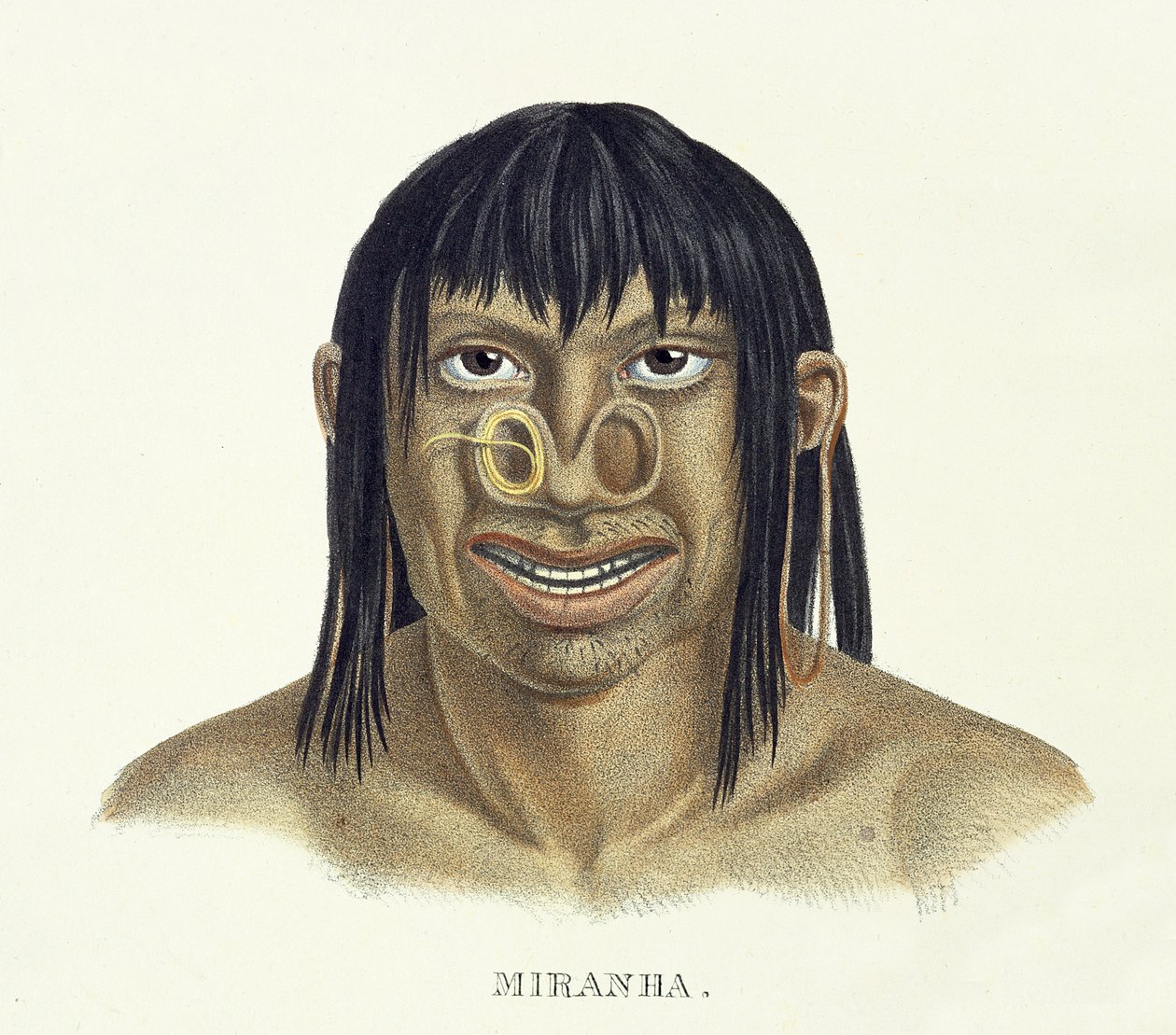 Infödd man av Miranha-stammen, med näsdekoration, från Atlas of a Journey in Brazil av Johann Baptist von Spix (1781-1826) och Karl Friedrich Philipp Martius (1794-1868), publicerad ca 1835-50 (kol. av German School