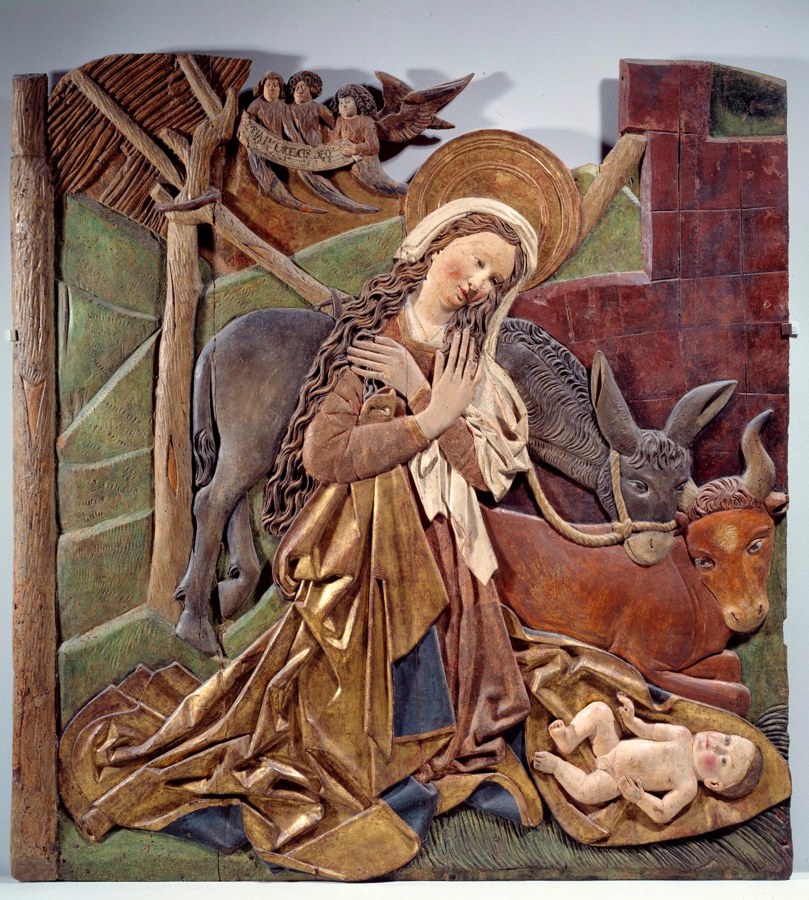 Nativite Relief på insidan av altartavlan i polykromt trä av tyska skolan. 1510 Dim. 1,12x1,11 m Paris, Louvren av German School