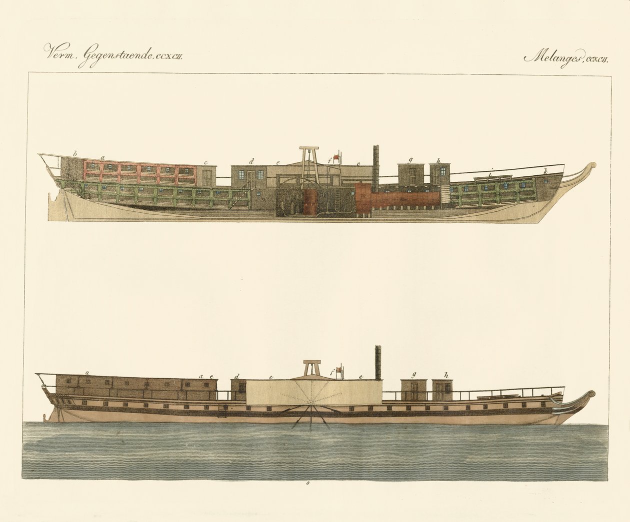 Nordamerikansk ångbåtshandel (färgad gravyr) av German School